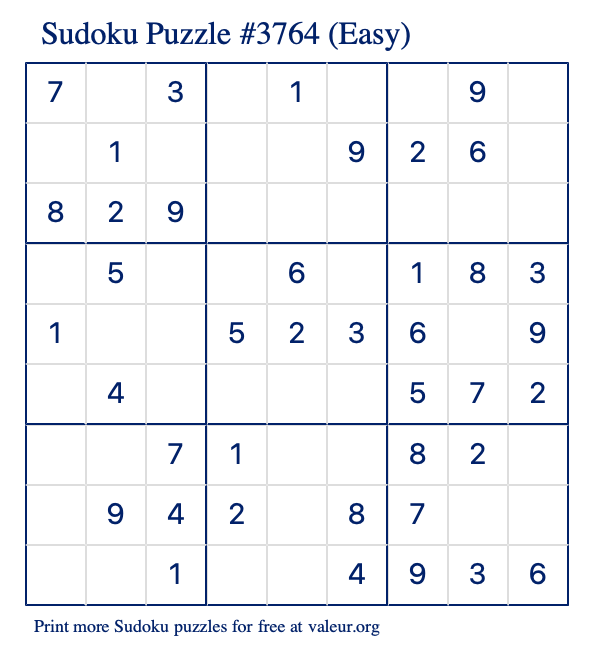 Free Printable Easy Sudoku Puzzle number 3764