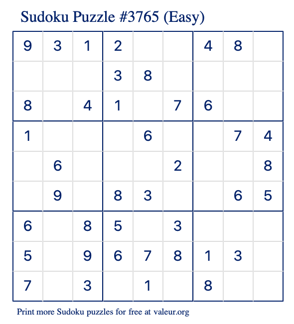 Free Printable Easy Sudoku Puzzle number 3765