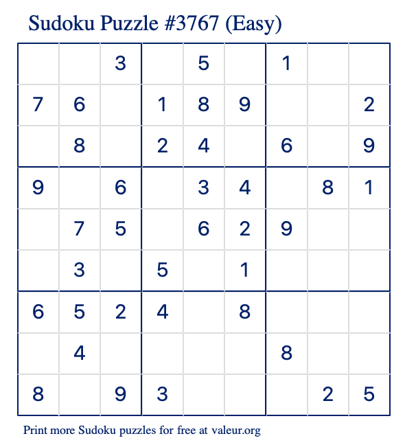 Free Printable Easy Sudoku Puzzle number 3767