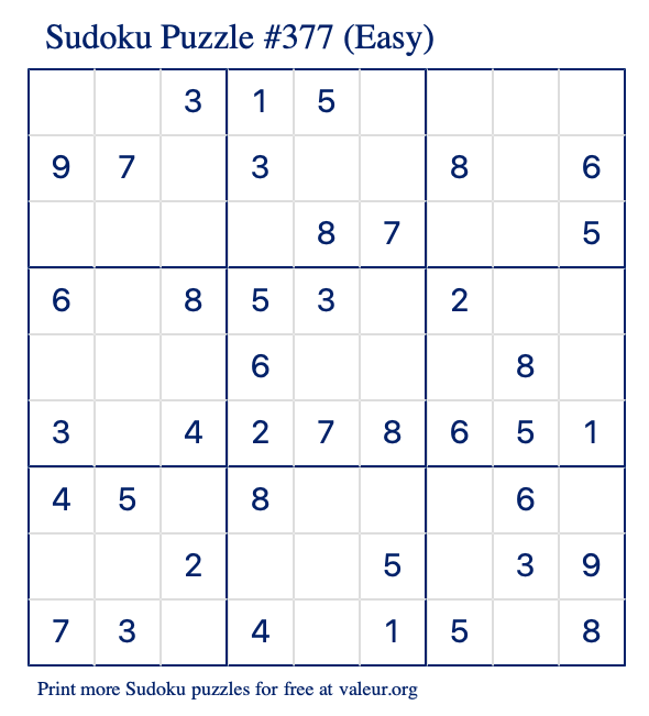 Free Printable Easy Sudoku Puzzle number 377
