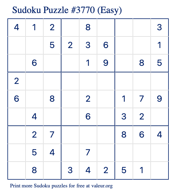 Free Printable Easy Sudoku Puzzle number 3770