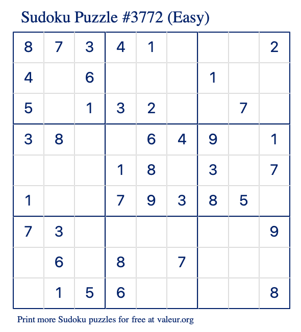 Free Printable Easy Sudoku Puzzle number 3772