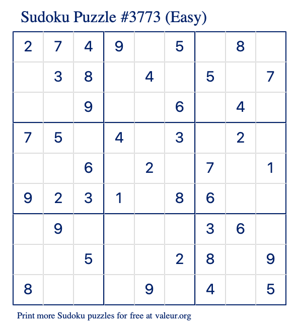 Free Printable Easy Sudoku Puzzle number 3773