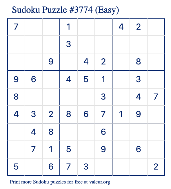 Free Printable Easy Sudoku Puzzle number 3774