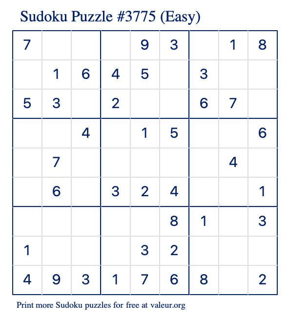 Free Printable Easy Sudoku Puzzle number 3775