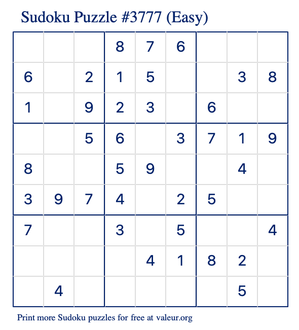 Free Printable Easy Sudoku Puzzle number 3777