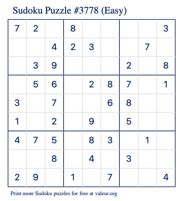 Free Printable Easy Sudoku Puzzle number 3778