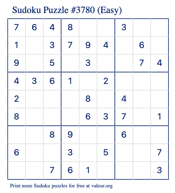 Free Printable Easy Sudoku Puzzle number 3780