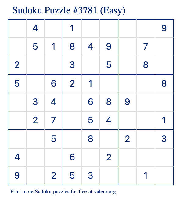 Free Printable Easy Sudoku Puzzle number 3781