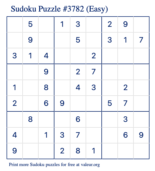 Free Printable Easy Sudoku Puzzle number 3782