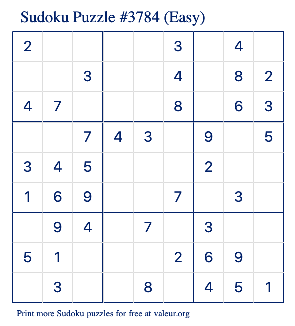 Free Printable Easy Sudoku Puzzle number 3784