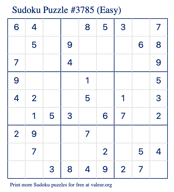 Free Printable Easy Sudoku Puzzle number 3785