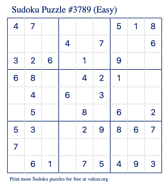 Free Printable Easy Sudoku Puzzle number 3789