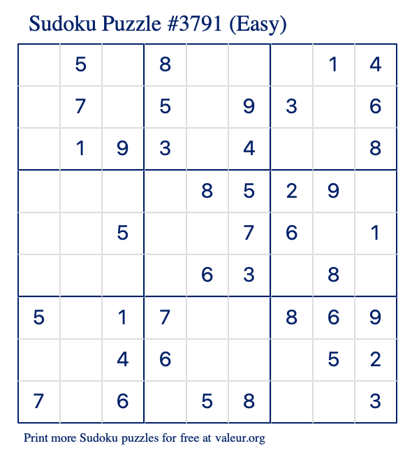 Free Printable Easy Sudoku Puzzle number 3791