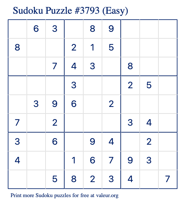 Free Printable Easy Sudoku Puzzle number 3793