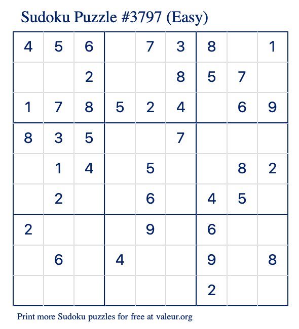 Free Printable Easy Sudoku Puzzle number 3797