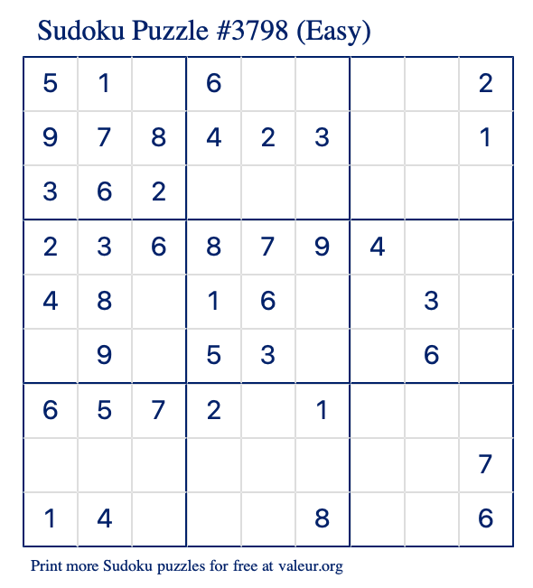 Free Printable Easy Sudoku Puzzle number 3798