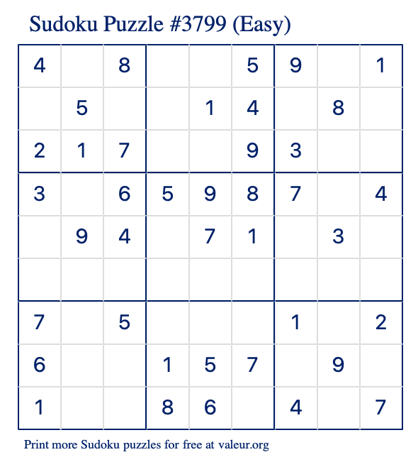 Free Printable Easy Sudoku Puzzle number 3799
