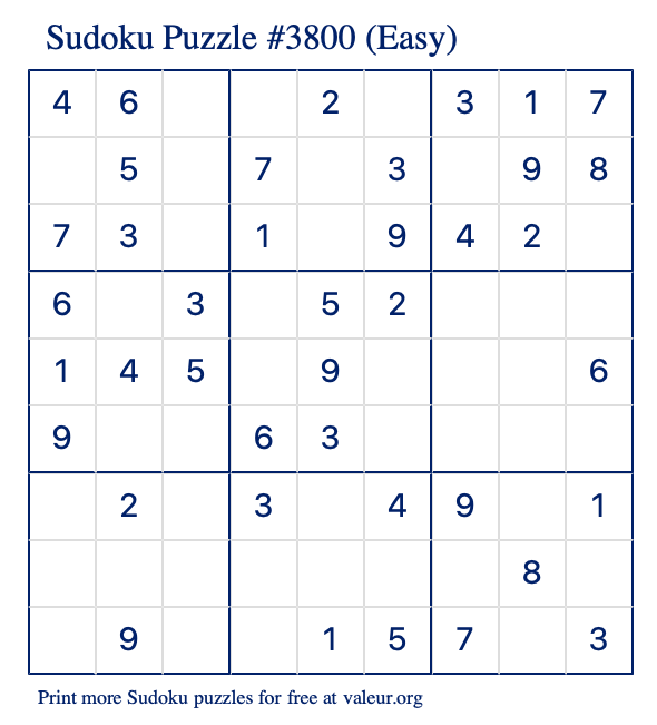 Free Printable Easy Sudoku Puzzle number 3800