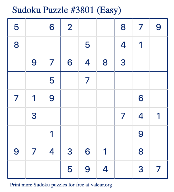 Free Printable Easy Sudoku Puzzle number 3801