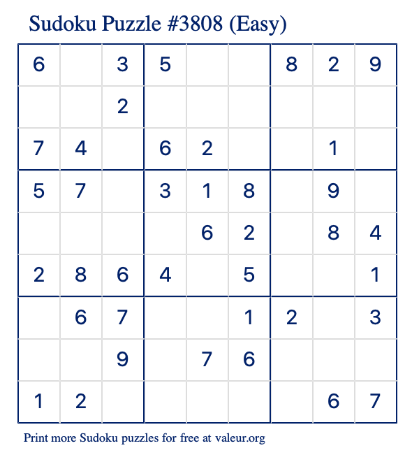 Free Printable Easy Sudoku Puzzle number 3808
