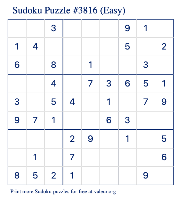 Free Printable Easy Sudoku Puzzle number 3816