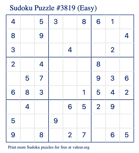 Free Printable Easy Sudoku Puzzle number 3819