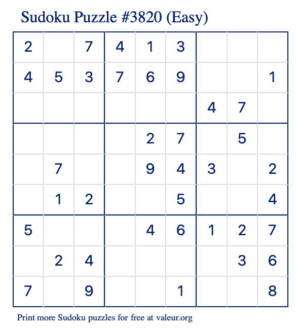Free Printable Easy Sudoku Puzzle number 3820