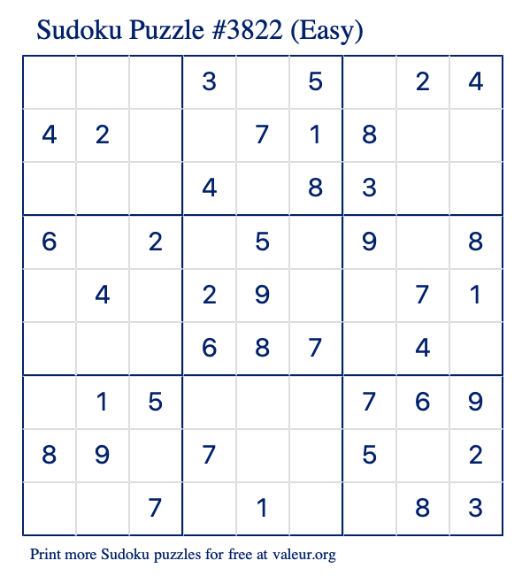 Free Printable Easy Sudoku Puzzle number 3822