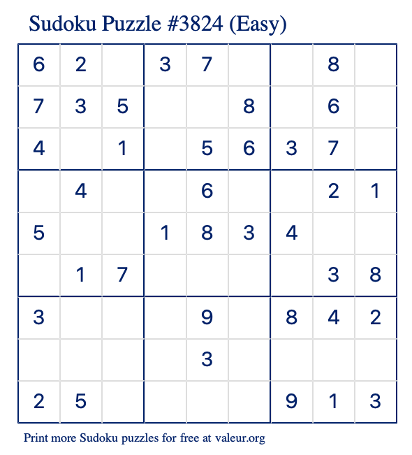 Free Printable Easy Sudoku Puzzle number 3824