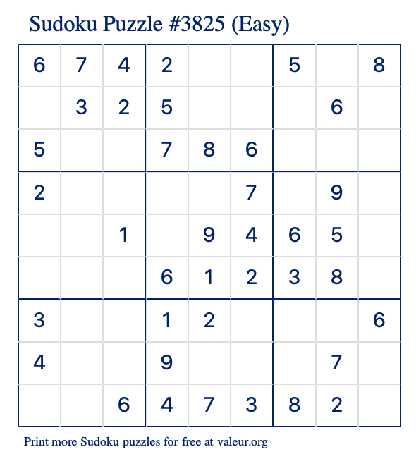 Free Printable Easy Sudoku Puzzle number 3825