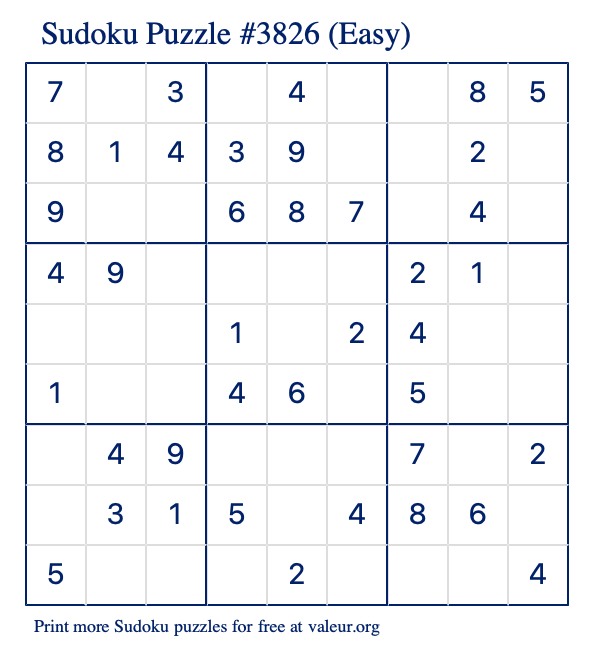 Free Printable Easy Sudoku Puzzle number 3826