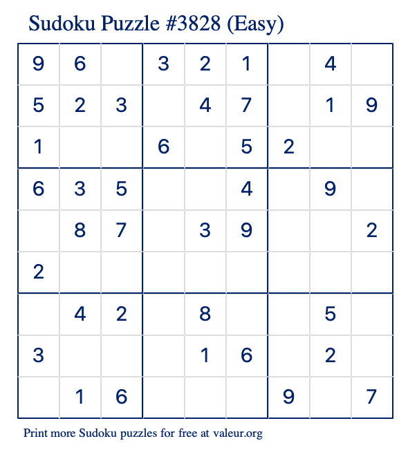 Free Printable Easy Sudoku Puzzle number 3828