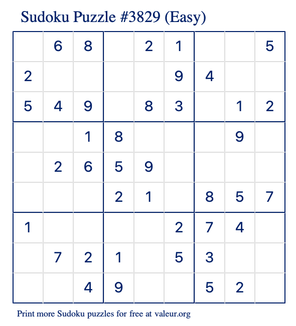 Free Printable Easy Sudoku Puzzle number 3829