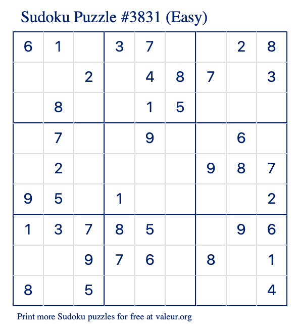 Free Printable Easy Sudoku Puzzle number 3831