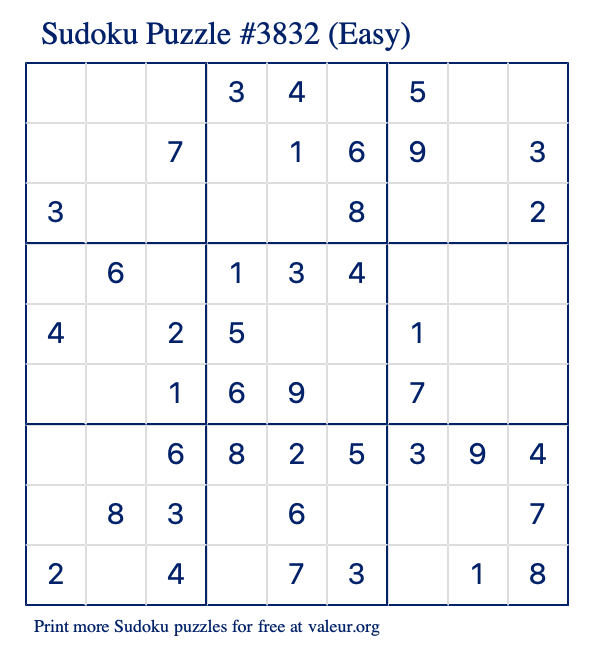 Free Printable Easy Sudoku Puzzle number 3832