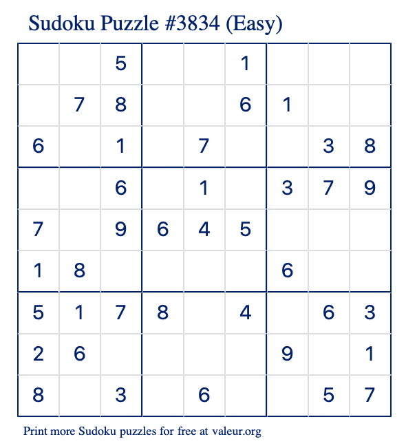 Free Printable Easy Sudoku Puzzle number 3834