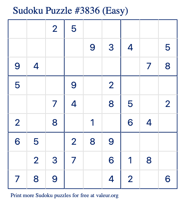 Free Printable Easy Sudoku Puzzle number 3836