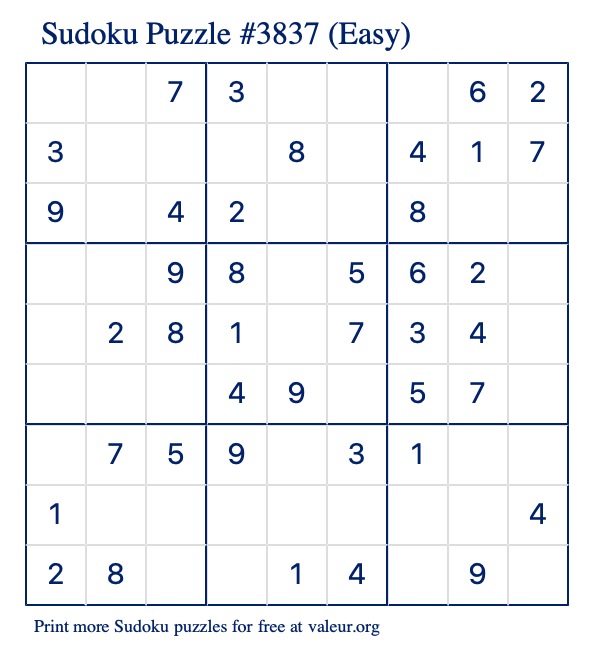 Free Printable Easy Sudoku Puzzle number 3837