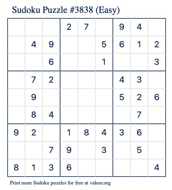 Free Printable Easy Sudoku Puzzle number 3838