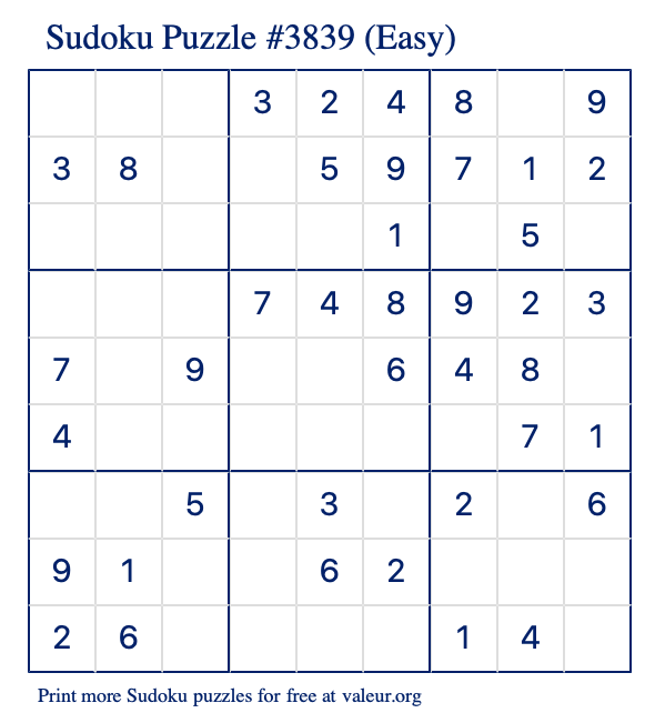 Free Printable Easy Sudoku Puzzle number 3839