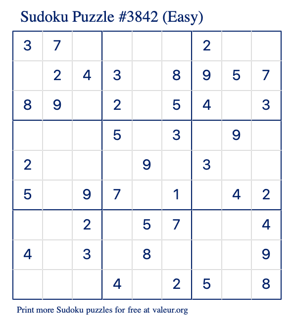 Free Printable Easy Sudoku Puzzle number 3842