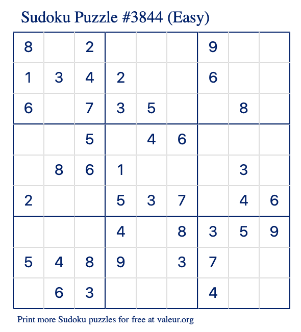 Free Printable Easy Sudoku Puzzle number 3844
