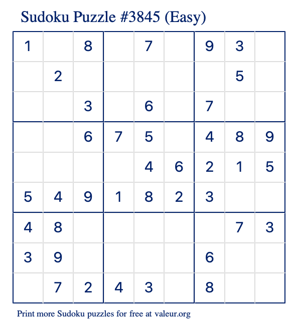 Free Printable Easy Sudoku Puzzle number 3845