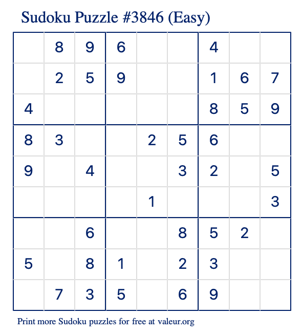 Free Printable Easy Sudoku Puzzle number 3846