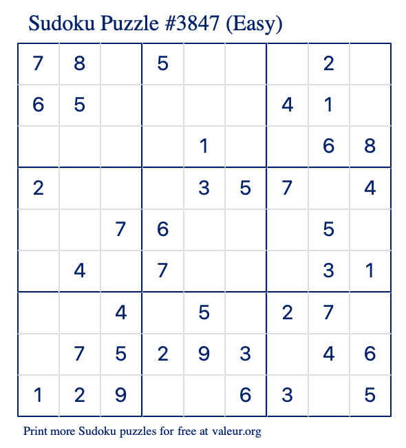 Free Printable Easy Sudoku Puzzle number 3847