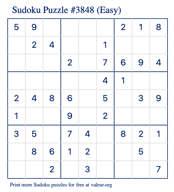 Free Printable Easy Sudoku Puzzle number 3848