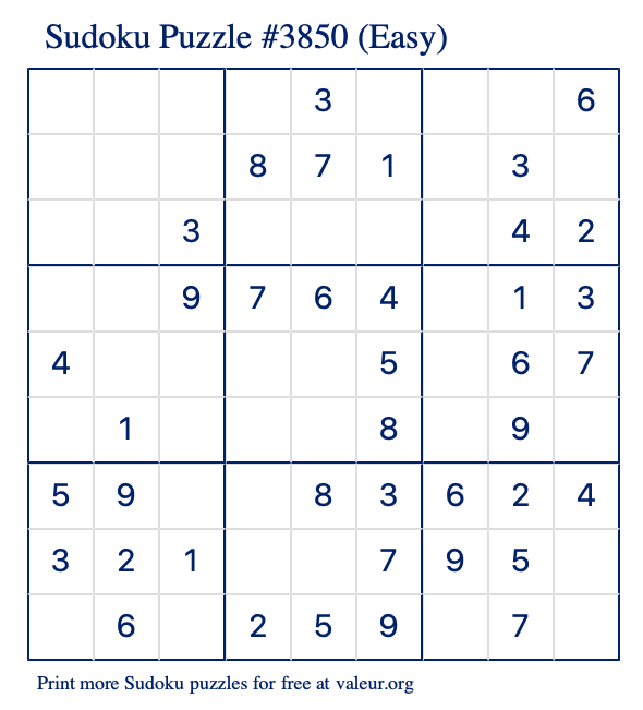 Free Printable Easy Sudoku Puzzle number 3850