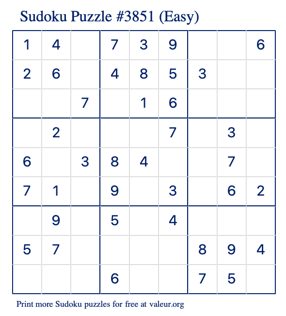 Free Printable Easy Sudoku Puzzle number 3851