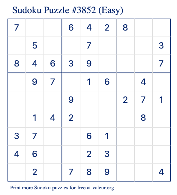Free Printable Easy Sudoku Puzzle number 3852